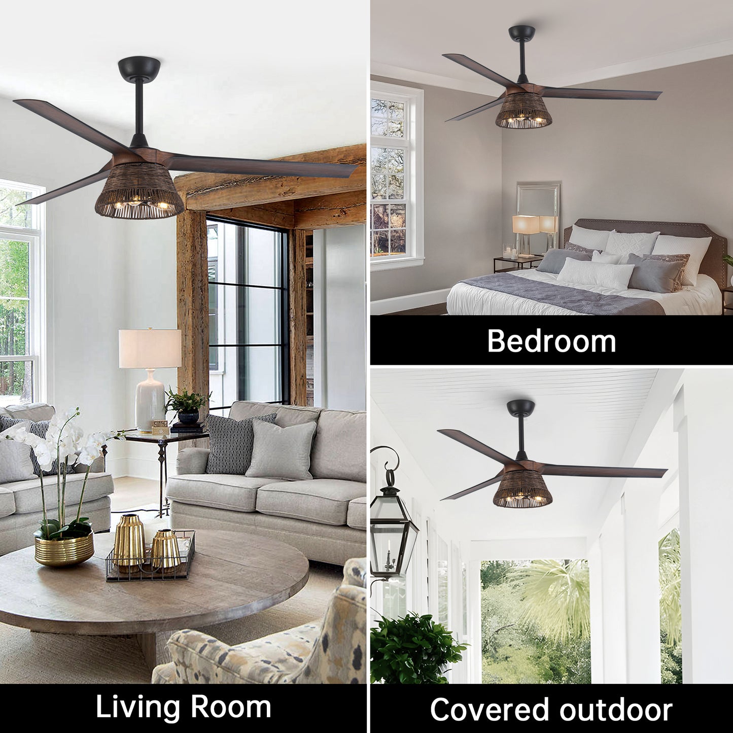 BreezeLite 60" Farmhouse Brown Rattan 3-Blade Ceiling Fan