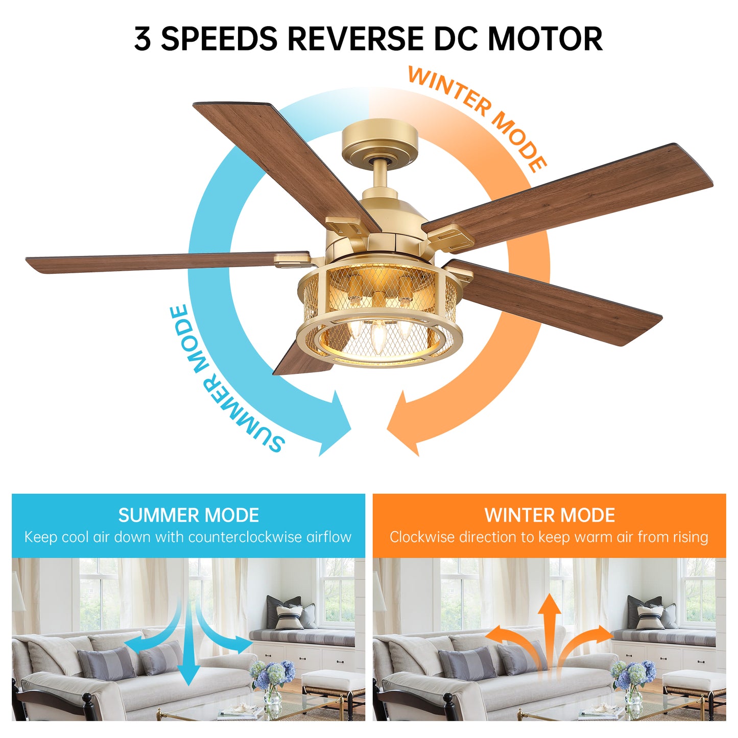 BreezeLite 52" Farmhouse Gold Metal Reversible Blades Ceiling Fan