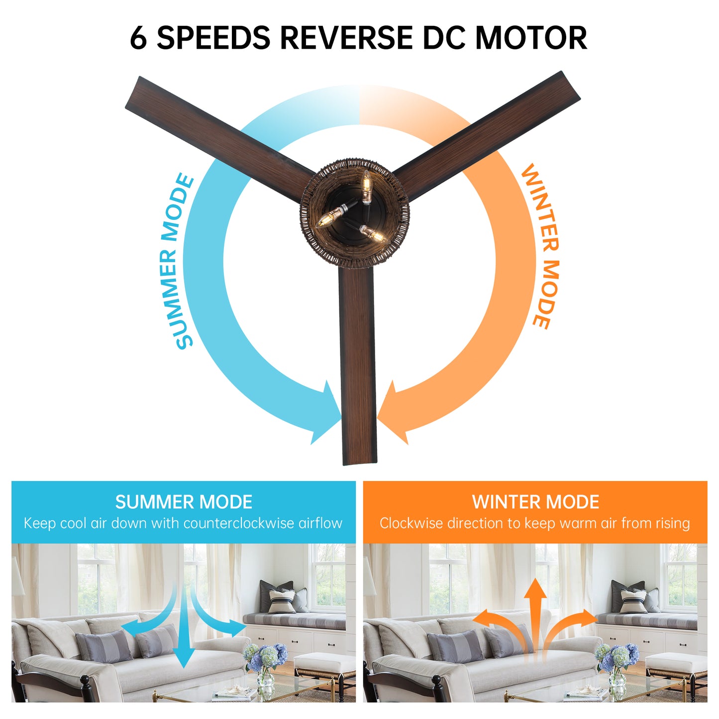 BreezeLite 60" Farmhouse Brown Rattan 3-Blade Ceiling Fan