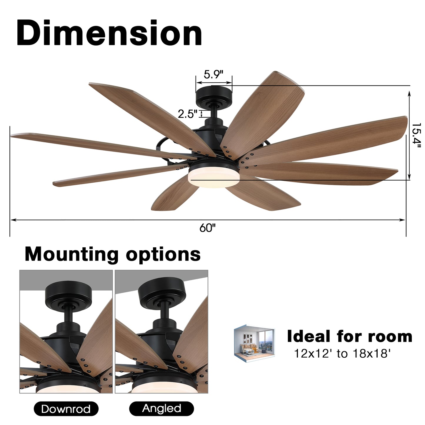 BreezeLite 60" Modern Black Indoor 3000K LED Ceiling Fan