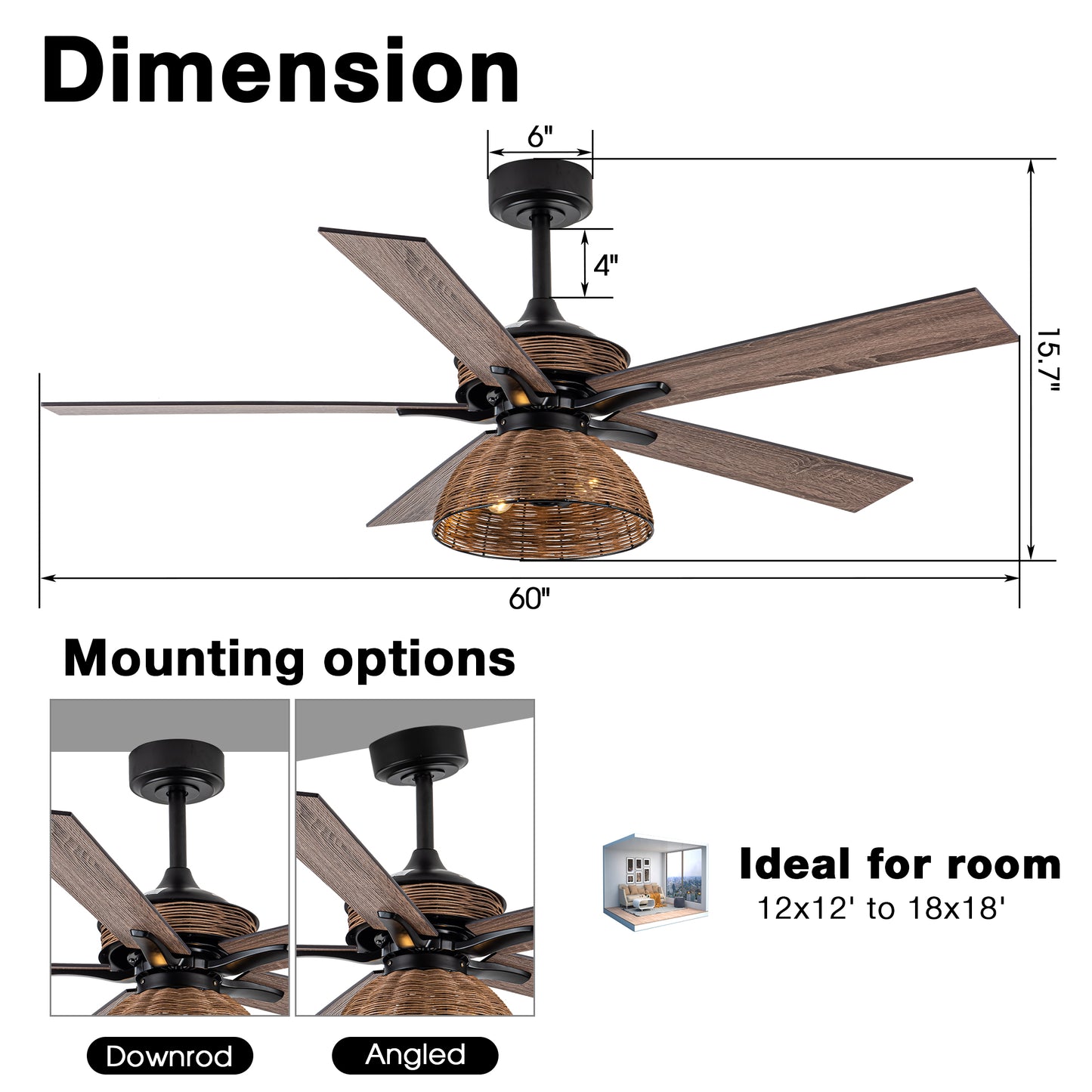 BreezeLite 60" Farmhouse Brown Rattan 3-Blade Ceiling Fan