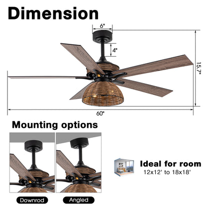 BreezeLite 60" Farmhouse Brown Rattan 3-Blade Ceiling Fan