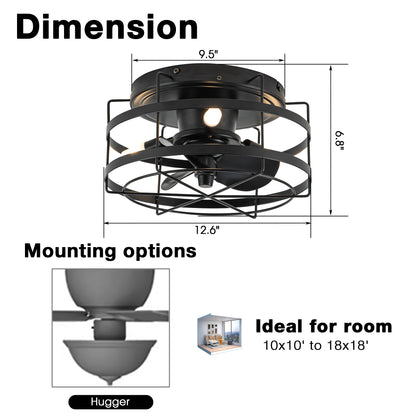 BreezeLite 12.5" Modern Black Flush Mount Cage Ceiling Fan