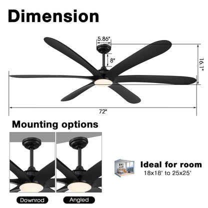 VelvetFan Modern 72" Black LED Downrod Mount Ceiling Fan