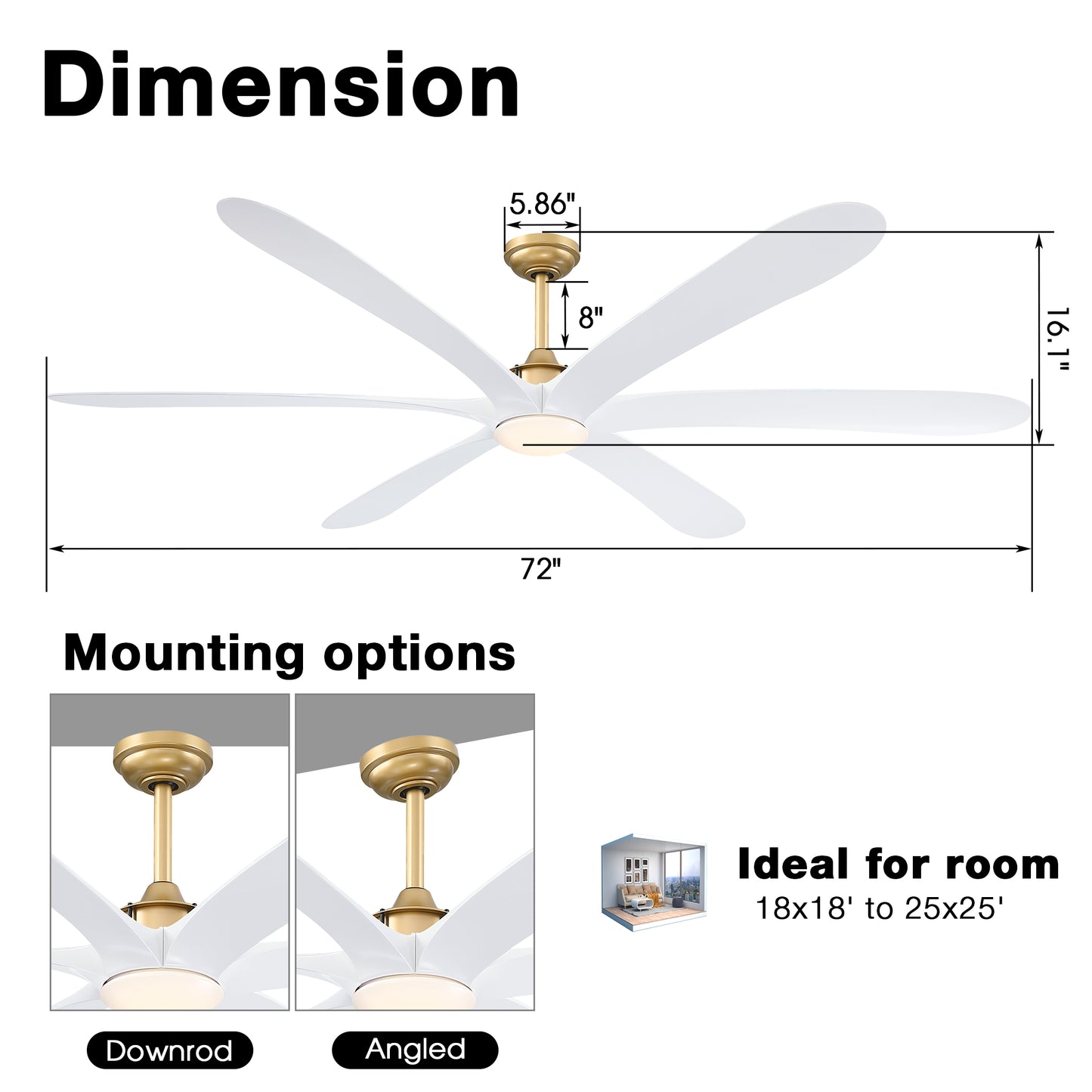 VelvetFan Modern 72" Gold LED Downrod Mount Ceiling Fan