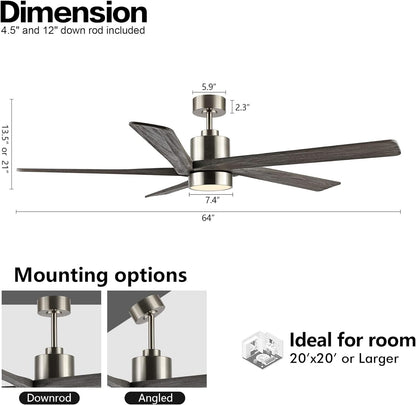 AeroBlade 64" 5-Blade 6-Speed Grey & Brushed Nickel Ceiling Fan with Light