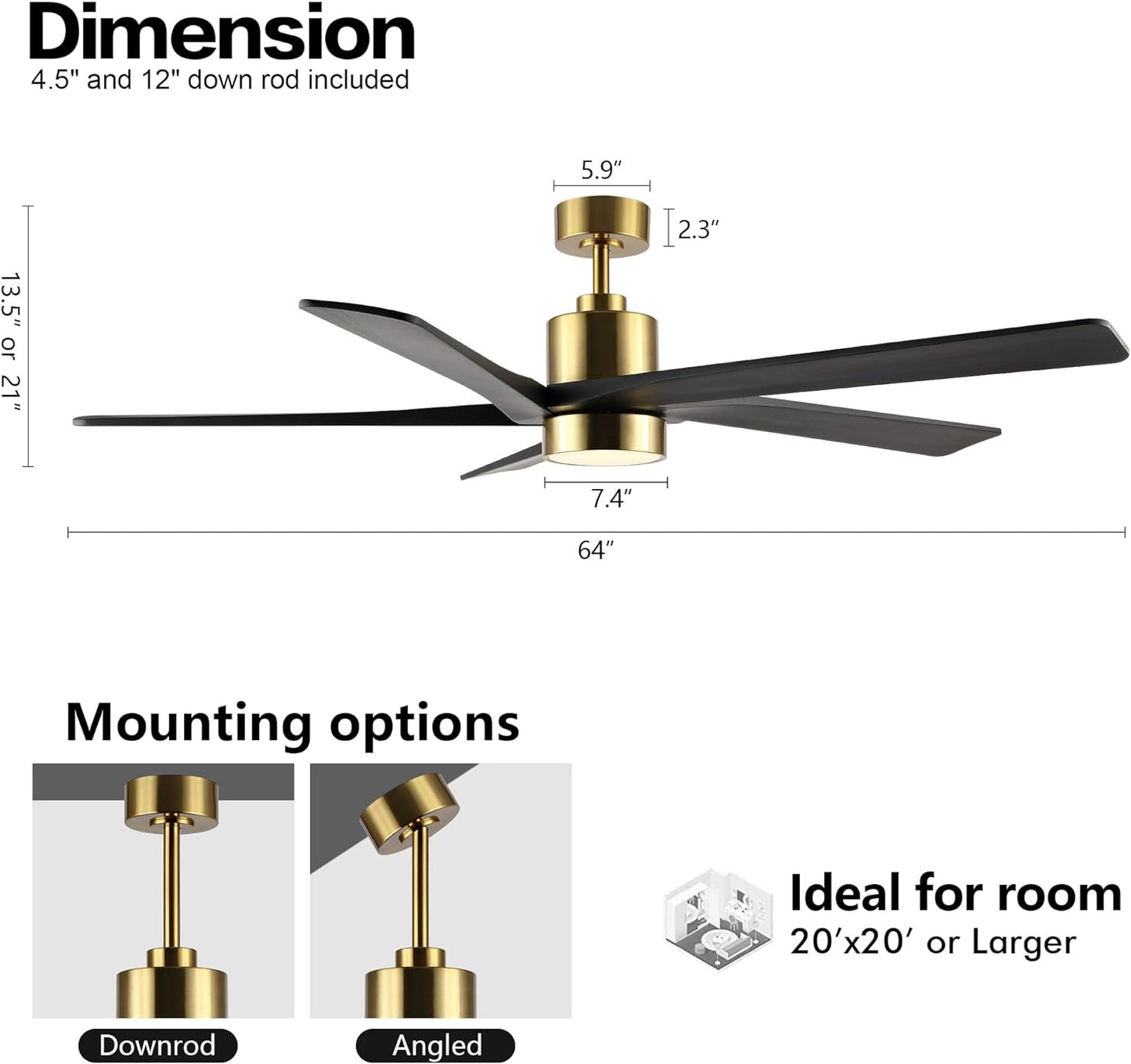 AeroBlade 64" 5-Blade 6-Speed Black & Gold Ceiling Fan with Light