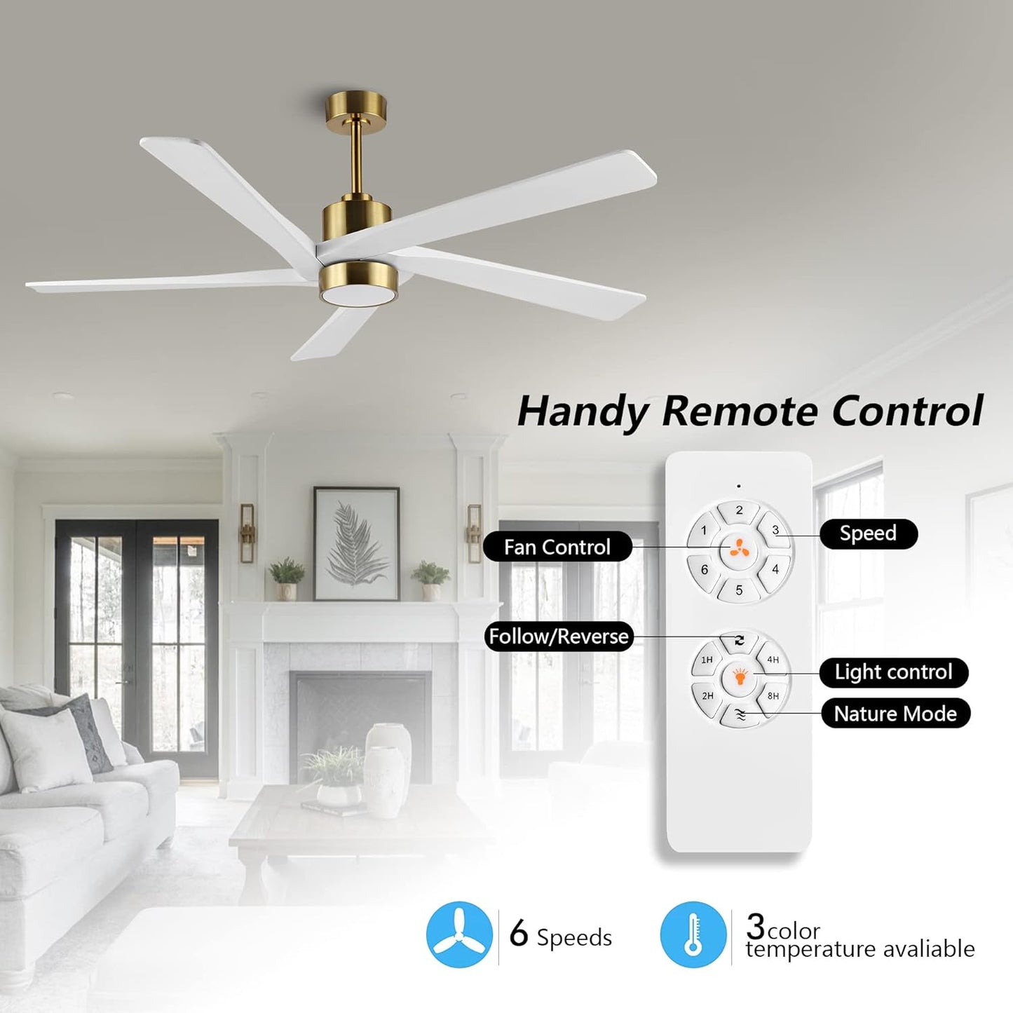 AeroBlade 72" 5-Blade 6-Speed White & Gold Ceiling Fan with Light