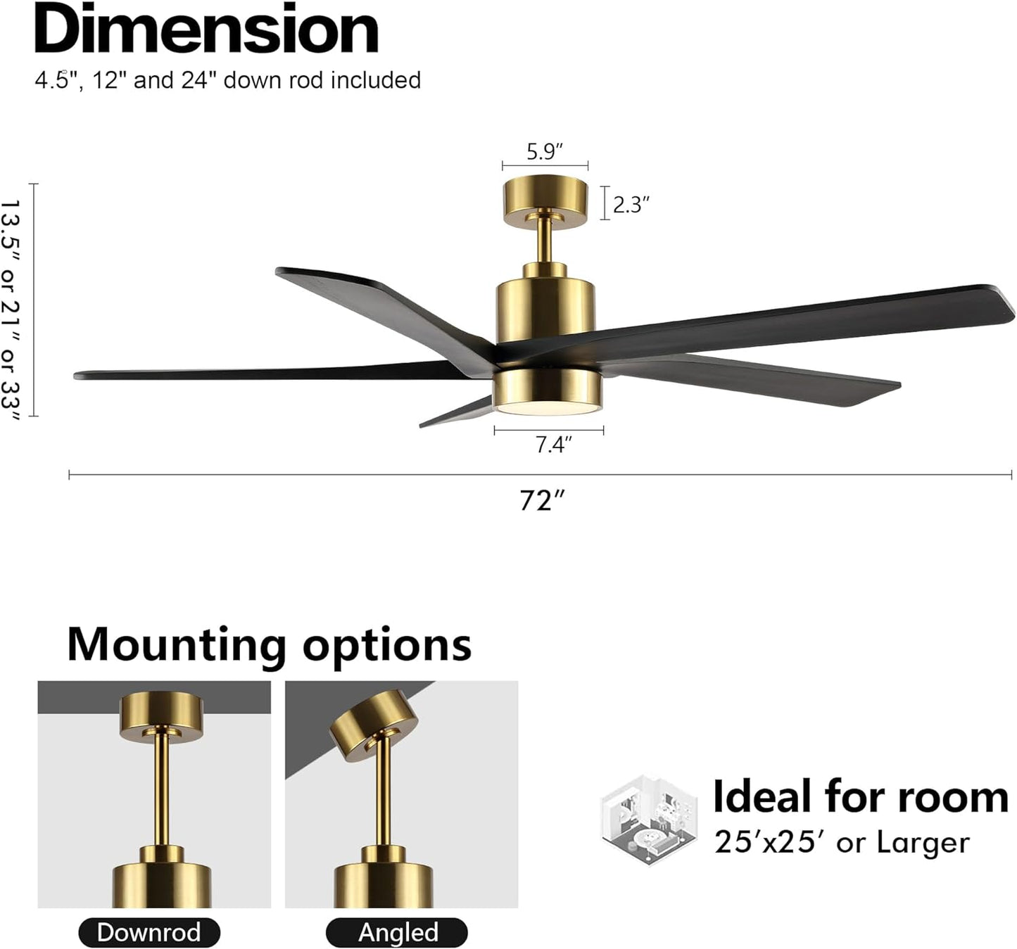 AeroBlade 72" 5-Blade 6-Speed Black & Gold Ceiling Fan with Light