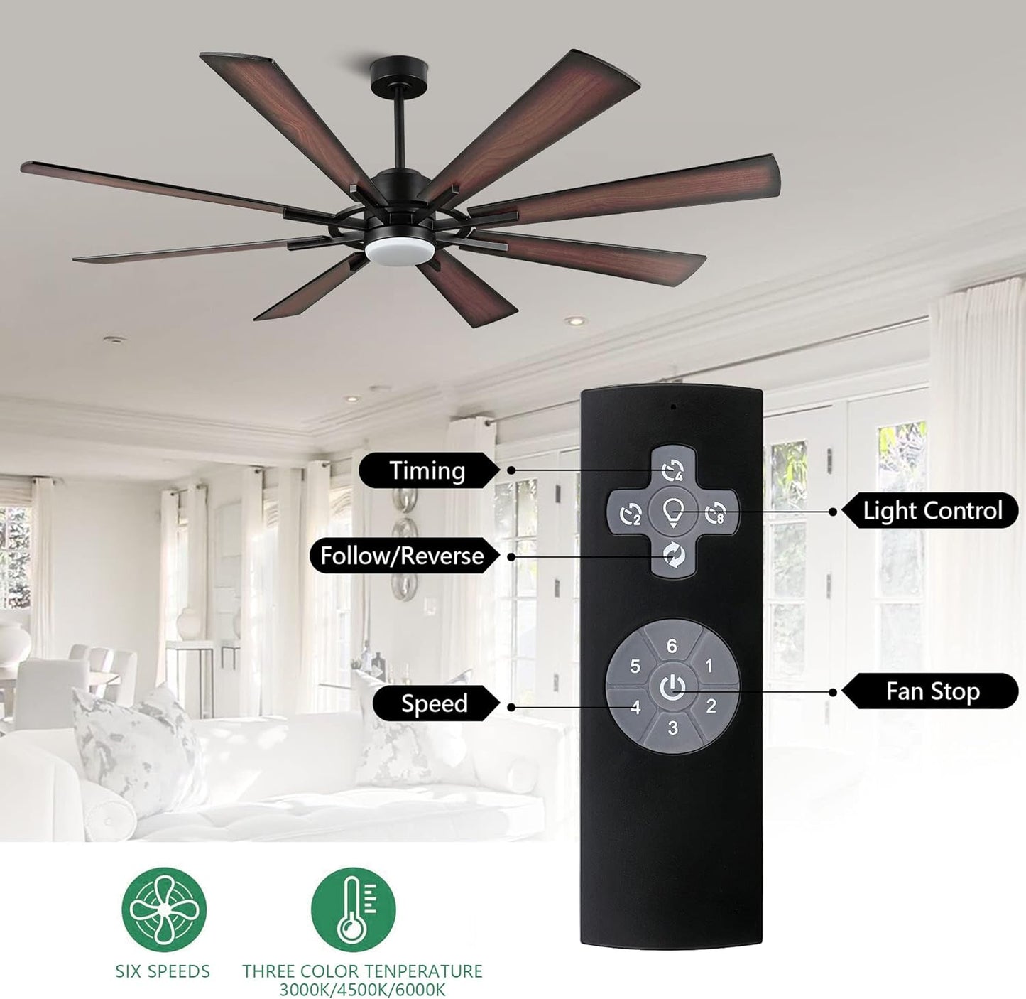 AeroBlade 60" 8-Blade 6-Speed Walnut & Black Ceiling Fan with Light