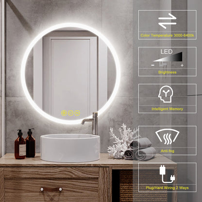 SmartReflect Modern 24" Round LED Dimmable Anti-Fog Frameless Bathroom Vanity Mirror