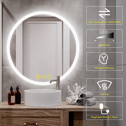 SmartReflect Modern 28" Round LED Dimmable Anti-Fog Frameless Bathroom Vanity Mirror