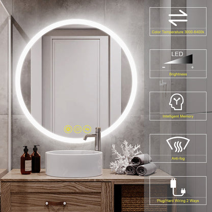 SmartReflect Modern 32" Round LED Dimmable Anti-Fog Frameless Bathroom Vanity Mirror