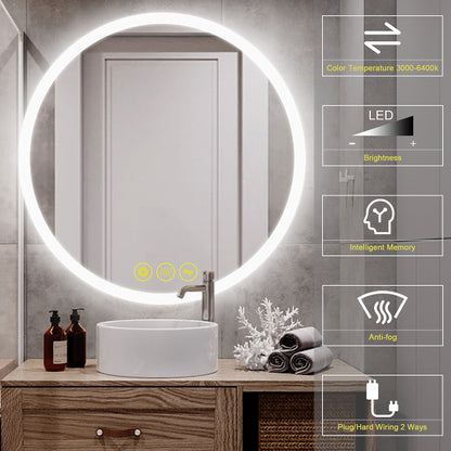 SmartReflect Modern 36" Round LED Dimmable Anti-Fog Frameless Bathroom Vanity Mirror