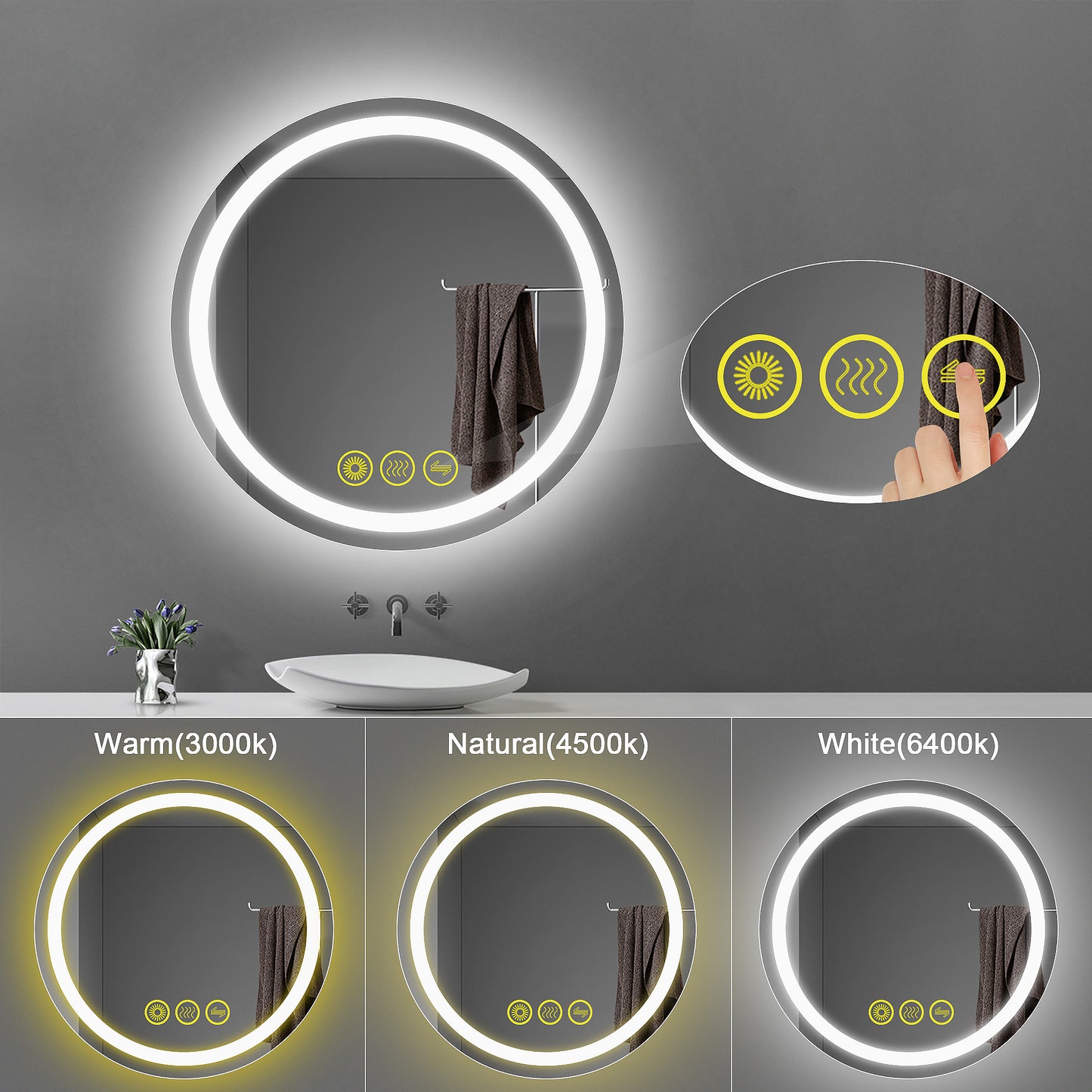 SmartShine Contemporary LED Dimmable Round Anti-Fog Backlit Bathroom Vanity Mirror