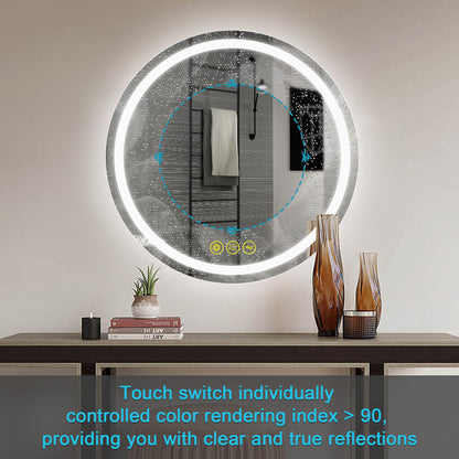 SmartShine Contemporary LED Dimmable 24" Round Anti-Fog Backlit Bathroom Vanity Mirror