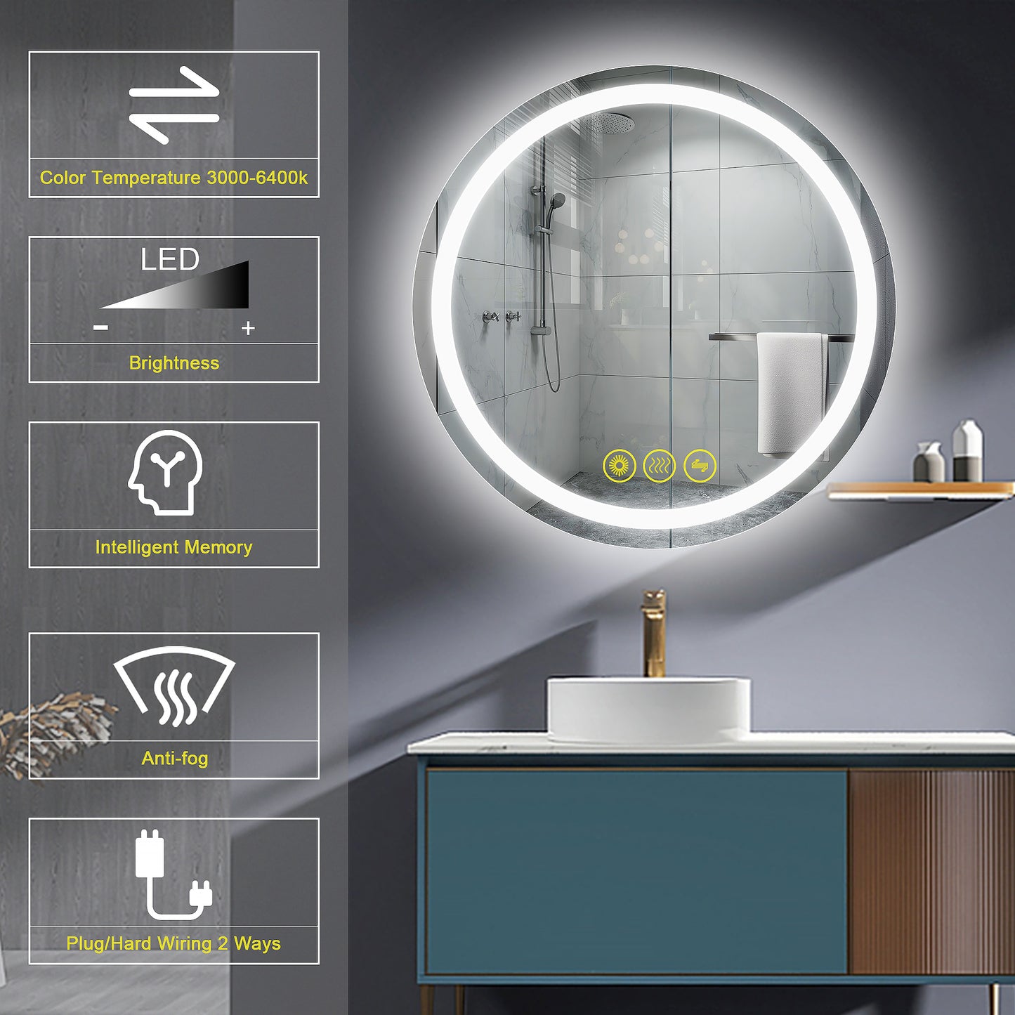 SmartShine Contemporary LED Dimmable 28" Round Anti-Fog Backlit Bathroom Vanity Mirror