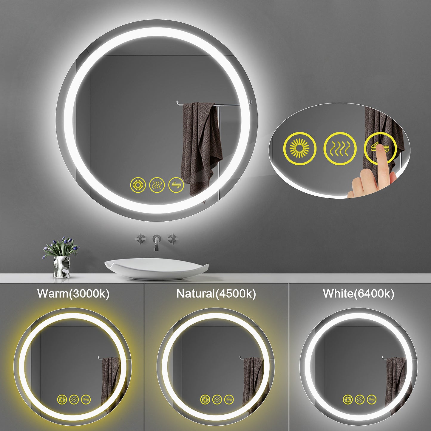 SmartShine Contemporary LED Dimmable 28" Round Anti-Fog Backlit Bathroom Vanity Mirror