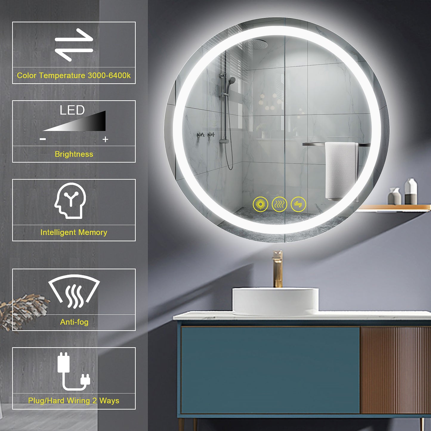 SmartShine Contemporary LED Dimmable 32" Round Anti-Fog Backlit Bathroom Vanity Mirror