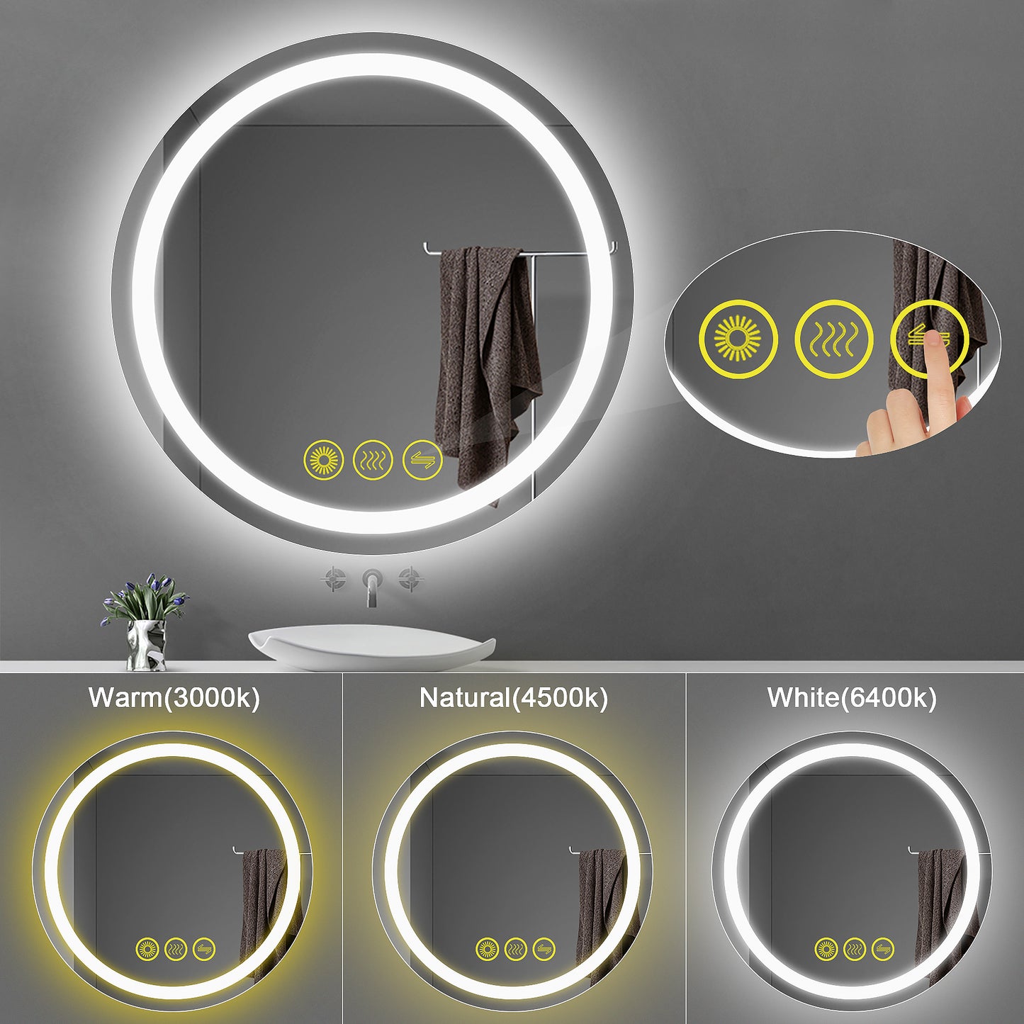 SmartShine Contemporary LED Dimmable 32" Round Anti-Fog Backlit Bathroom Vanity Mirror