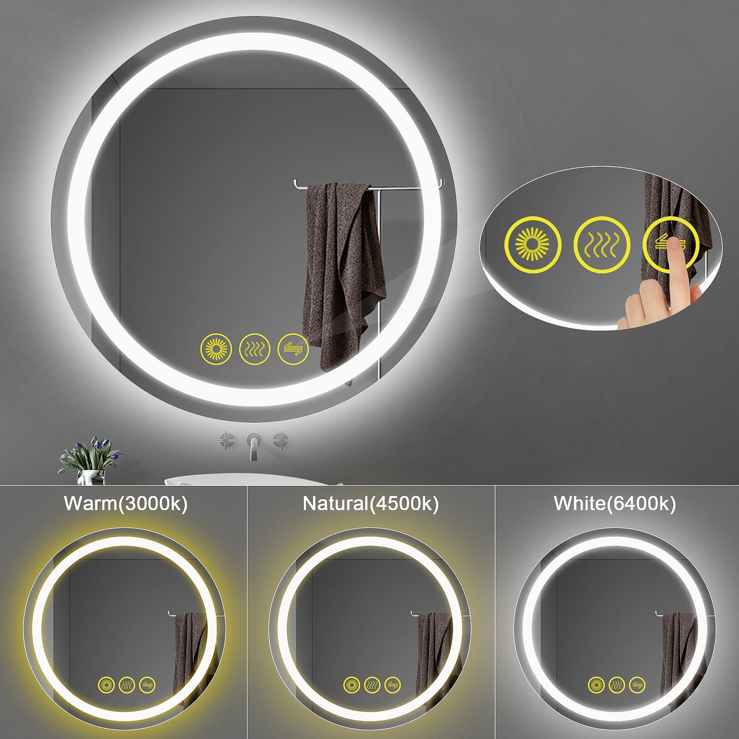 SmartShine Contemporary LED Dimmable 36" Round Anti-Fog Backlit Bathroom Vanity Mirror