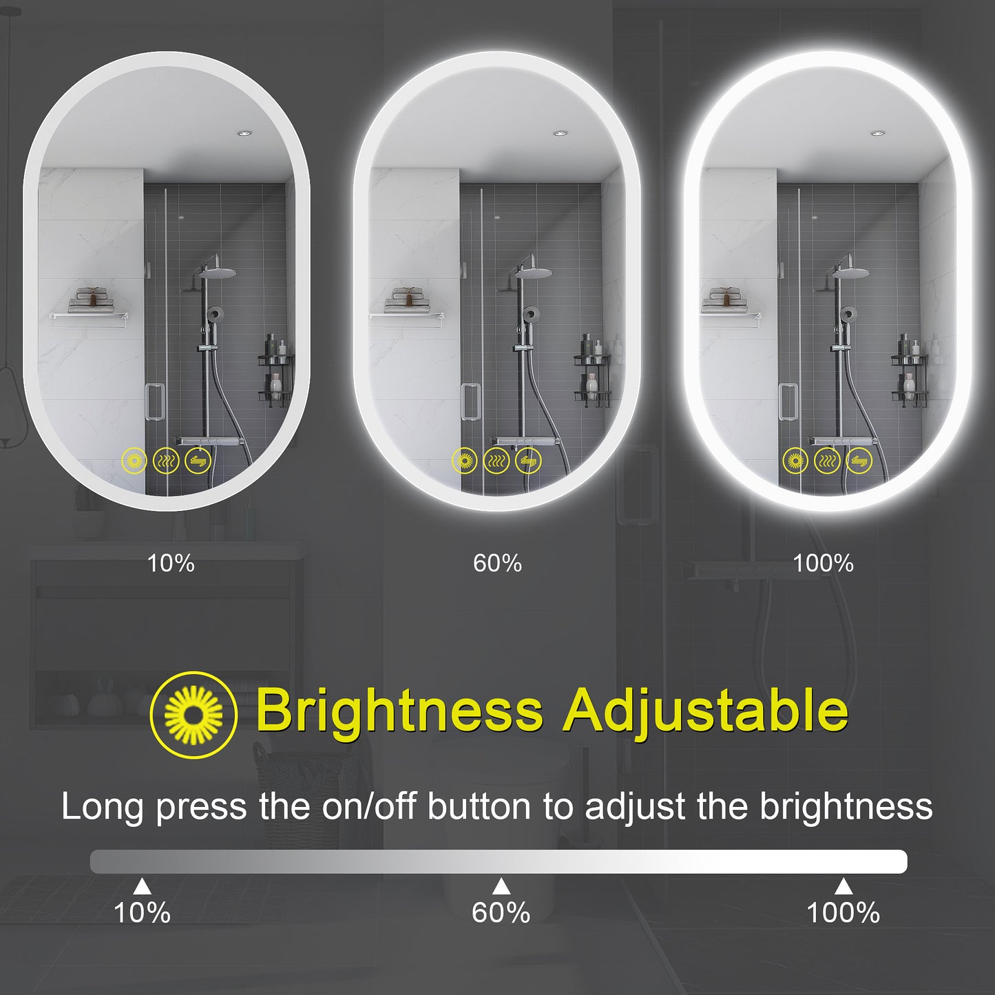 BrightView 24x36" Oval Frameless LED Anti-Fog Dimmable Bathroom Vanity Mirror