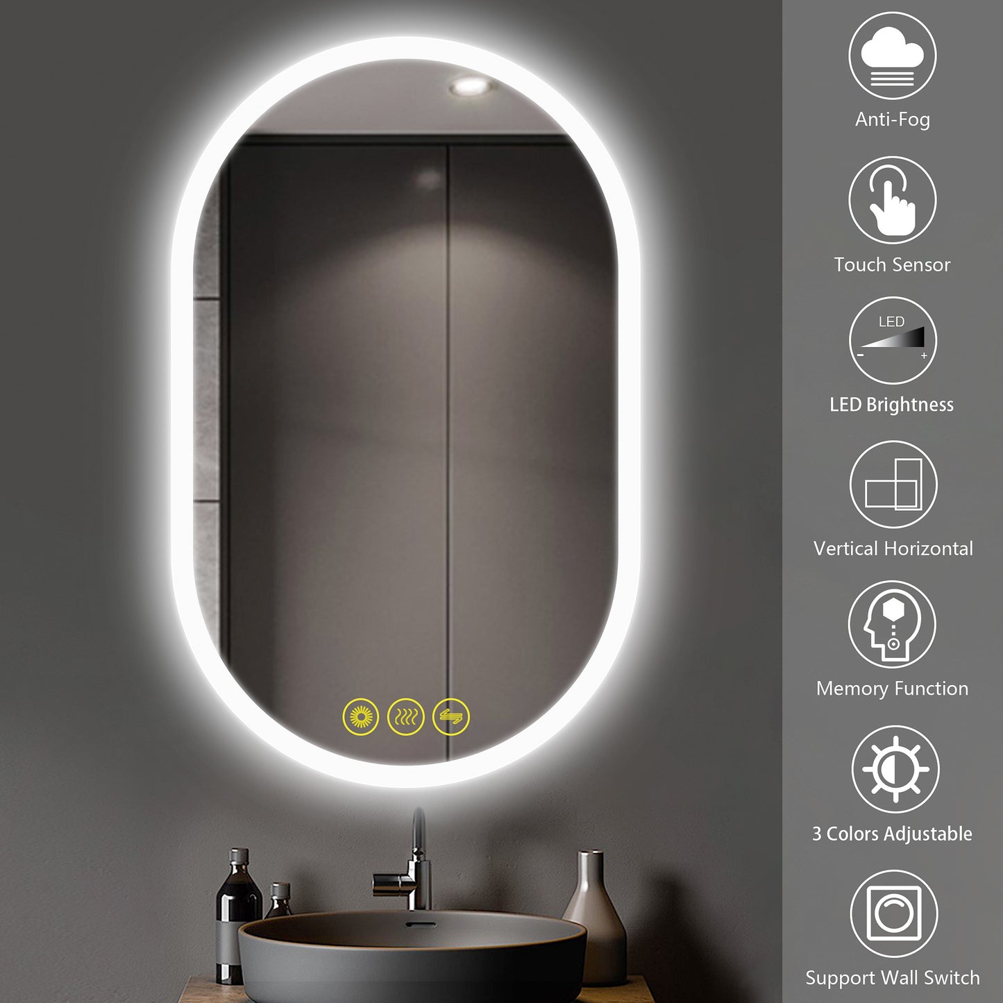 BrightView 24x36" Oval Frameless LED Anti-Fog Dimmable Bathroom Vanity Mirror