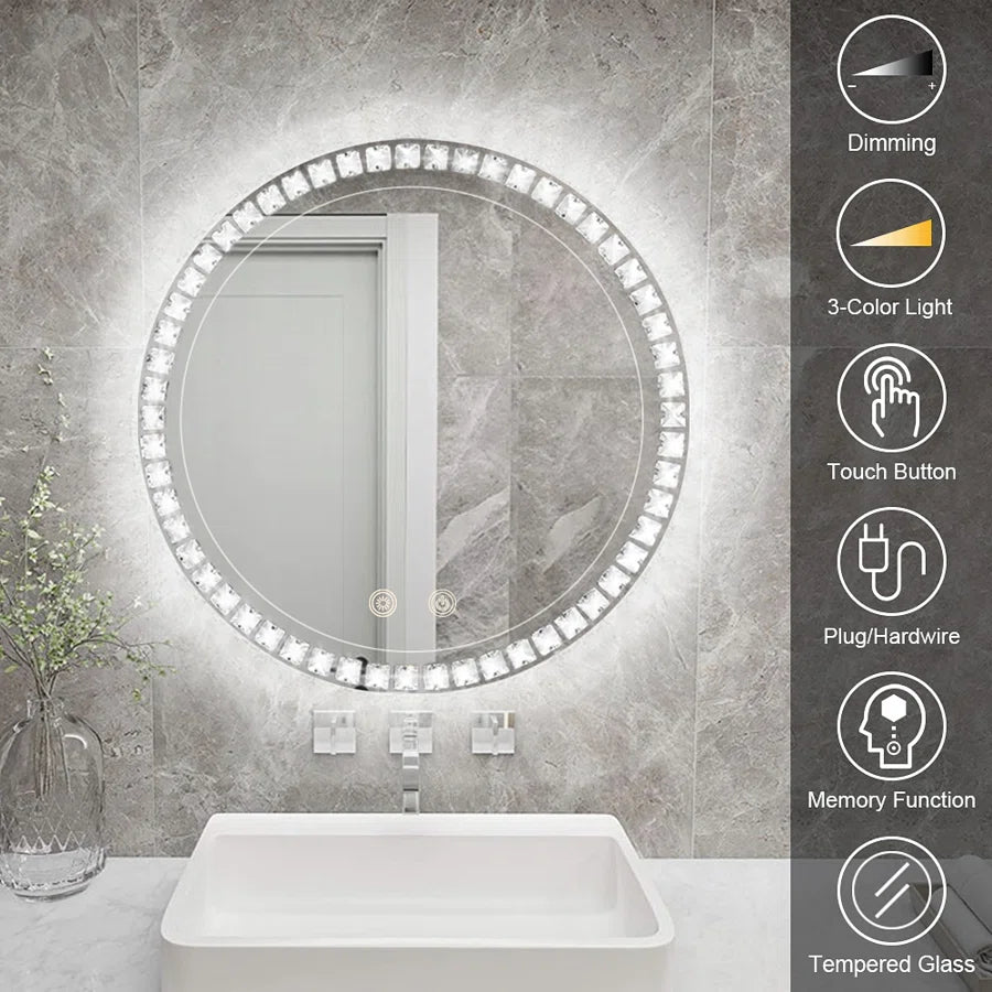 Sparkle Vision LED Dimmable Round Anti-Fog Backlit Bathroom Vanity Mirror