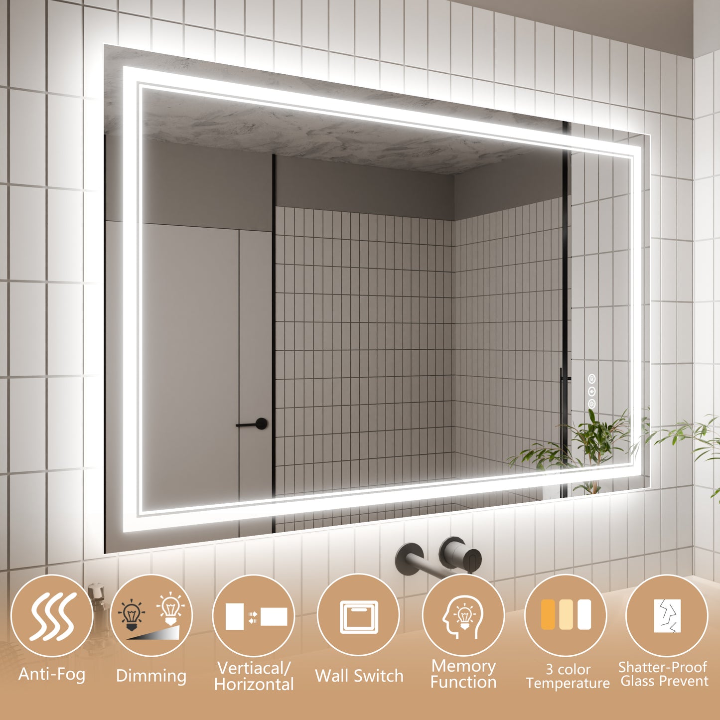 GlareGuard Rectangular Anti-Fog Dimmable Backlit LED Bathroom Vanity Mirror