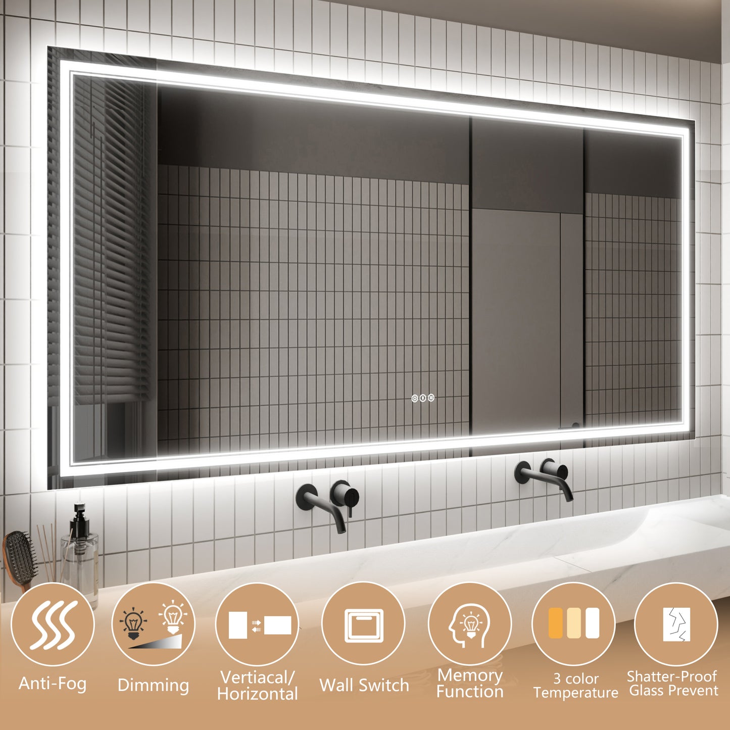 GlareGuard 40x84" Rectangular Anti-Fog Dimmable Backlit LED Bathroom Vanity Mirror