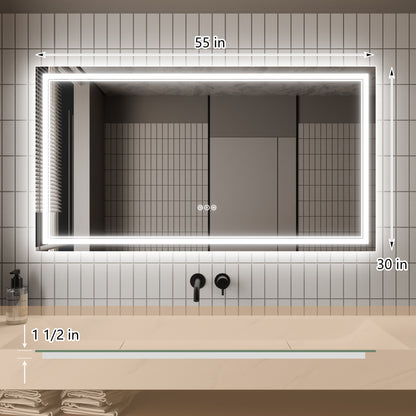 GlareGuard 55x30" Rectangular Anti-Fog Dimmable Backlit LED Bathroom Vanity Mirror