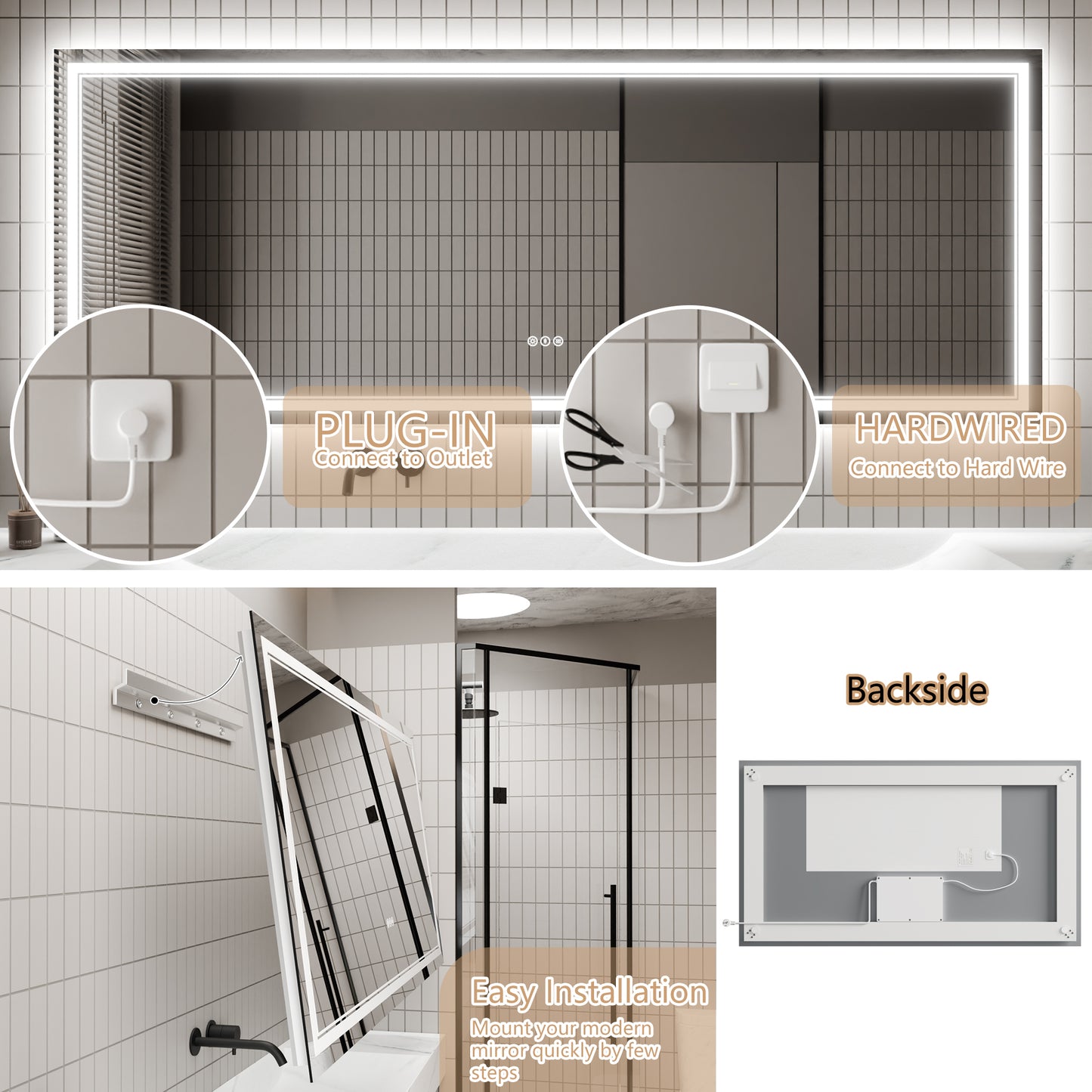 GlareGuard 31.9x83.8" Rectangular Anti-Fog Dimmable Backlit LED Bathroom Vanity Mirror