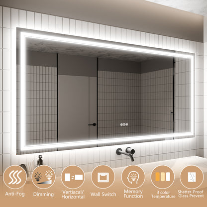 GlareGuard 72x36" Rectangular Anti-Fog Dimmable Backlit LED Bathroom Vanity Mirror