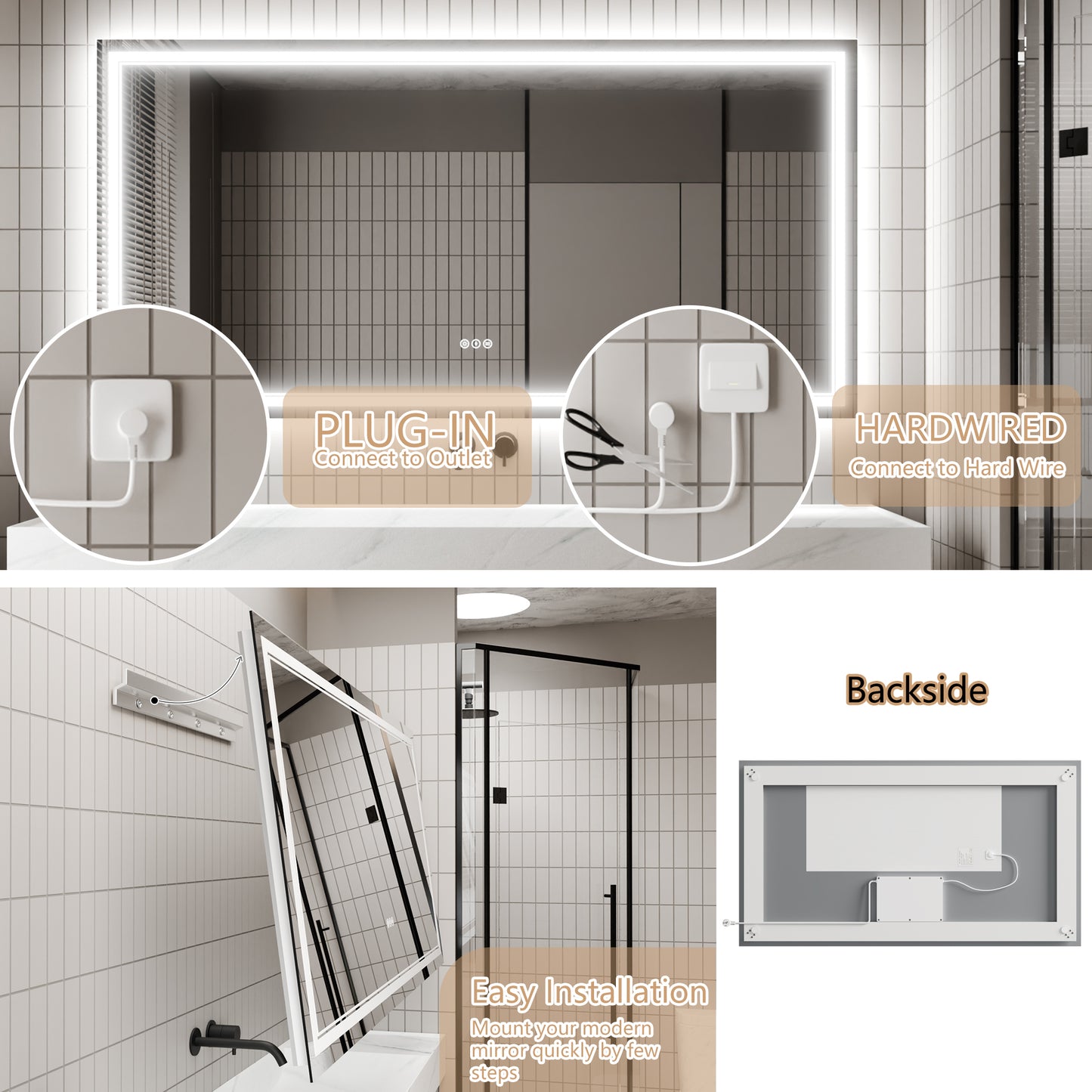 GlareGuard 72x36" Rectangular Anti-Fog Dimmable Backlit LED Bathroom Vanity Mirror