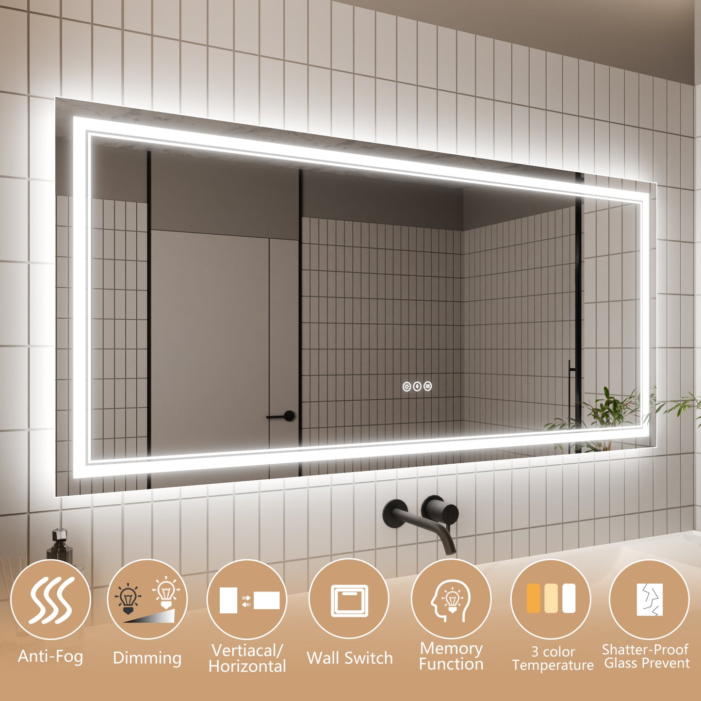 GlareGuard 60x28" Rectangular Anti-Fog Dimmable Backlit LED Bathroom Vanity Mirror