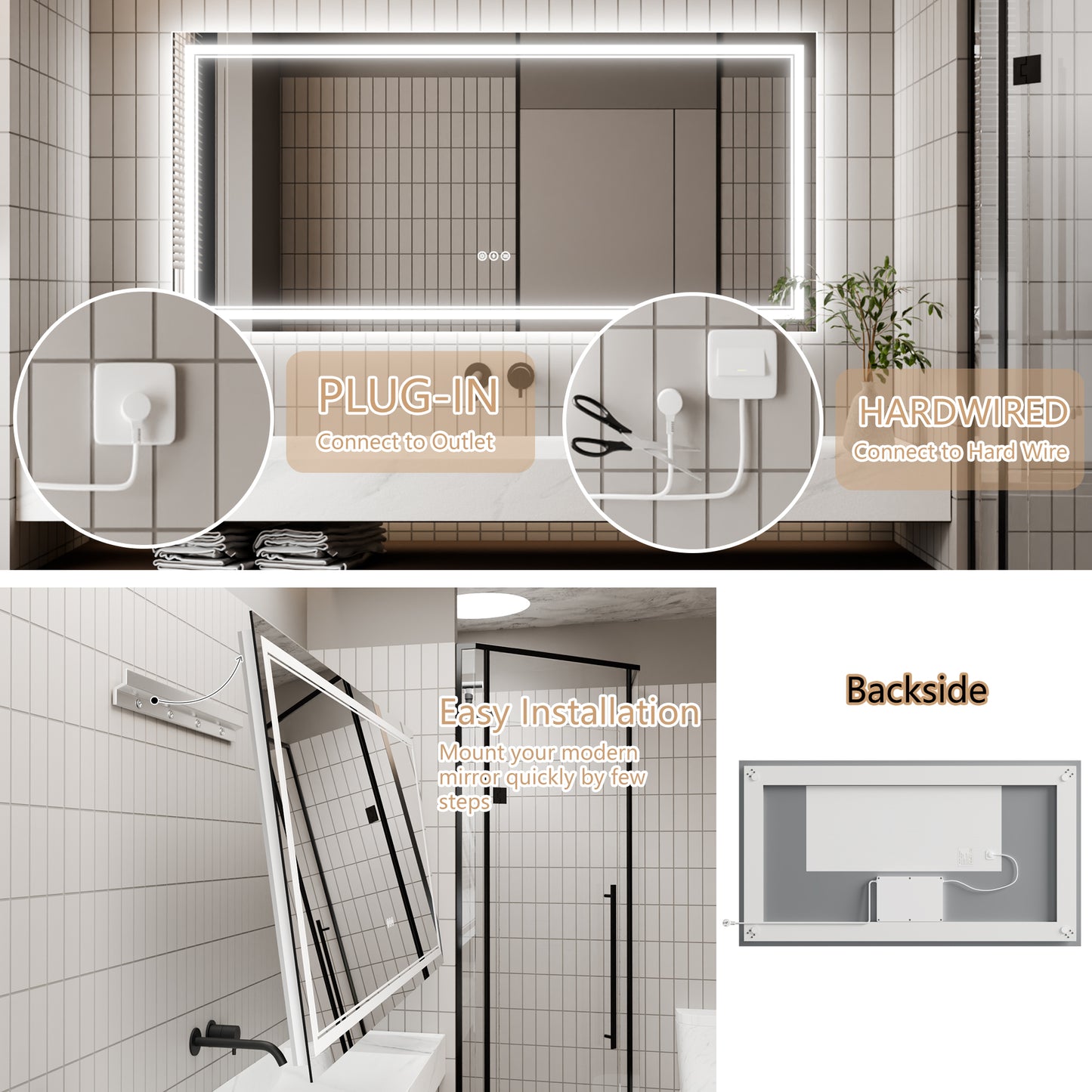 GlareGuard 60x28" Rectangular Anti-Fog Dimmable Backlit LED Bathroom Vanity Mirror