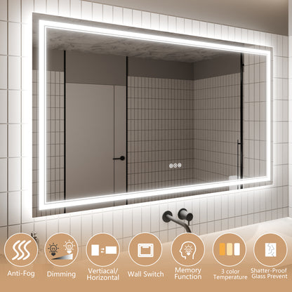 GlareGuard 36x60" Rectangular Anti-Fog Dimmable Backlit LED Bathroom Vanity Mirror