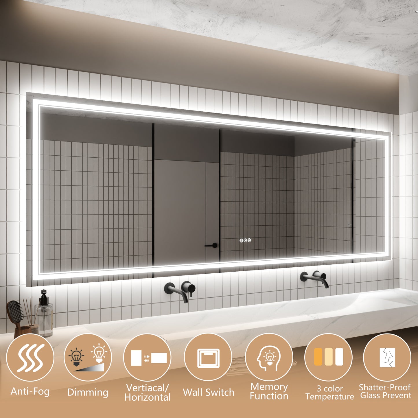 GlareGuard 36x96" Rectangular Anti-Fog Dimmable Backlit LED Bathroom Vanity Mirror