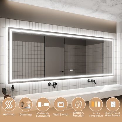 GlareGuard 36x96" Rectangular Anti-Fog Dimmable Backlit LED Bathroom Vanity Mirror