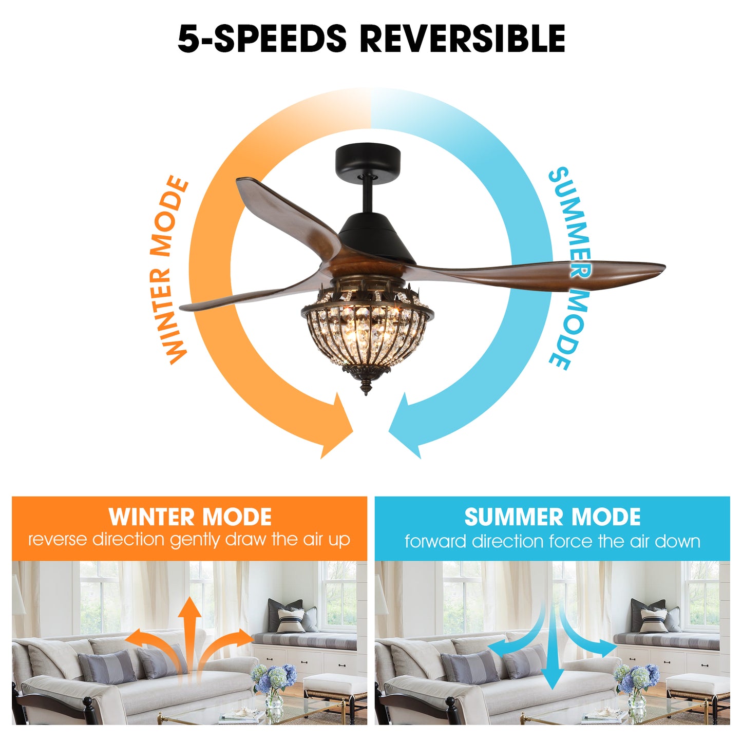 BreezeLite Rustic 52" 3-Blade 3-Light Crystal Ceiling Fan