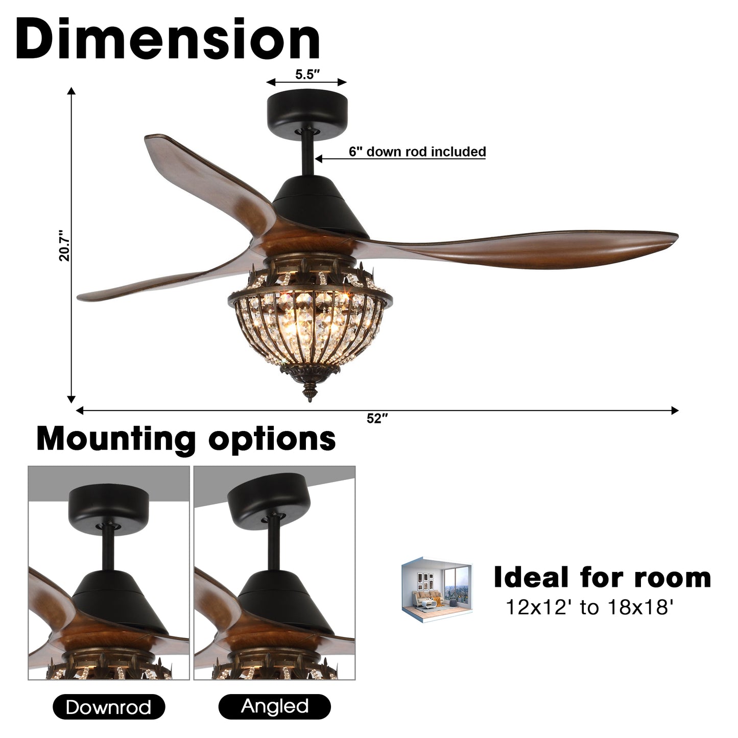 BreezeLite Rustic 52" 3-Blade 3-Light Crystal Ceiling Fan