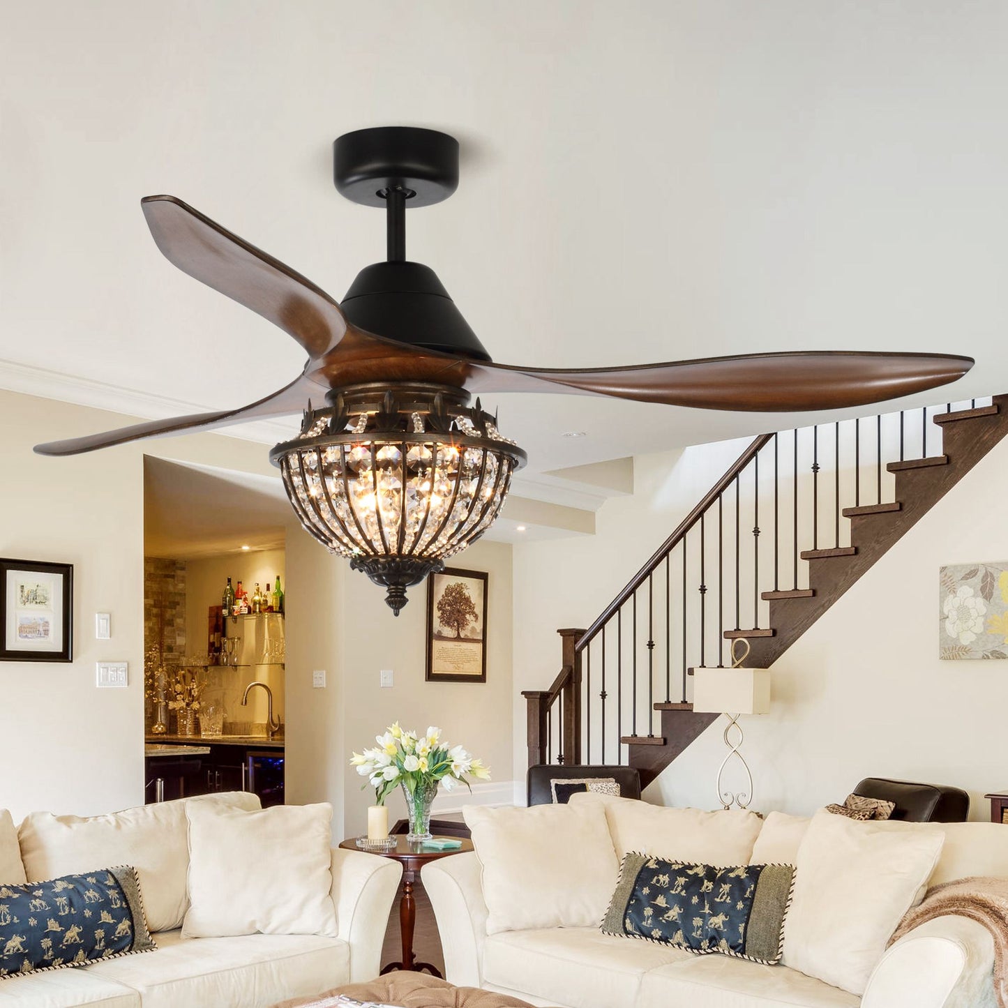 BreezeLite Rustic 52" 3-Blade 3-Light Crystal Ceiling Fan