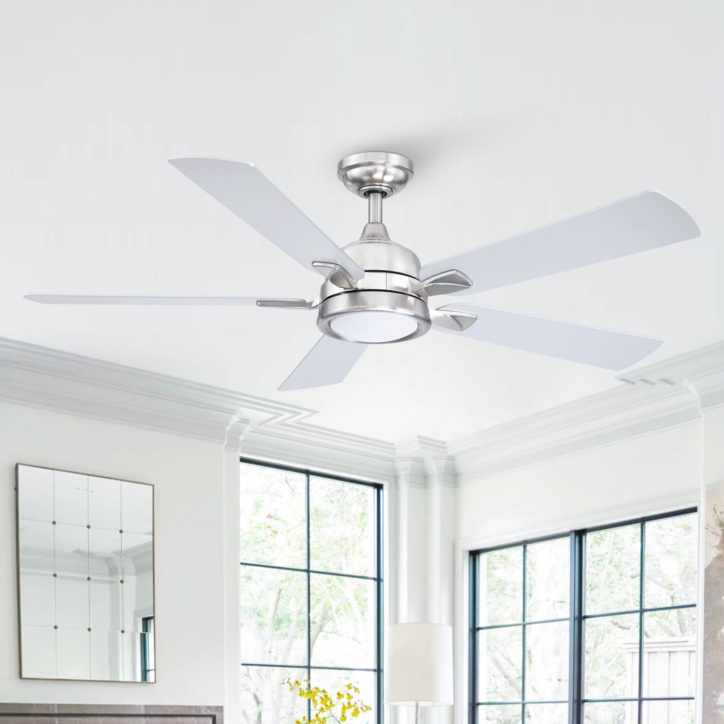 BreezeLite 52" Modern Chrome 3000K LED Reversible Ceiling Fan