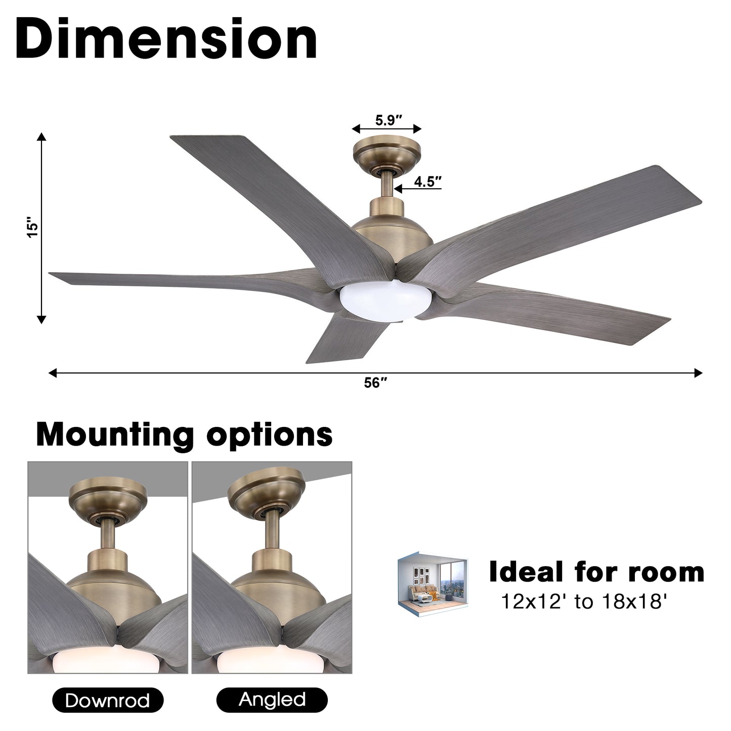 BreezeLite 56" Modern Farmhouse Brushed Bronze LED Ceiling Fan