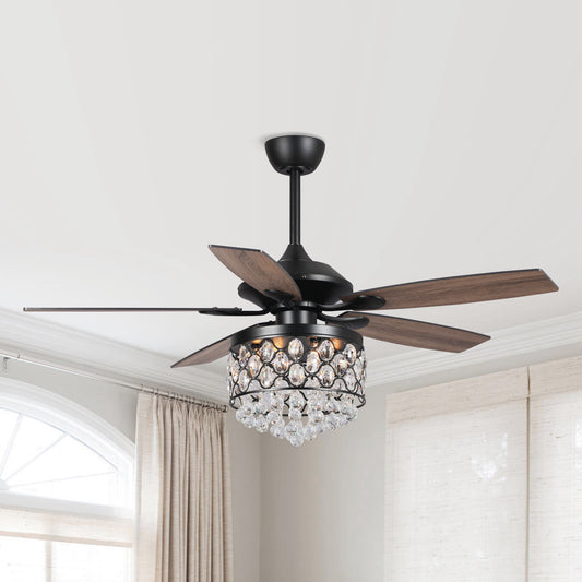 BreezeLite 52" Black 5-Blade 4-Light Downrod Mount Crystal Ceiling Fan