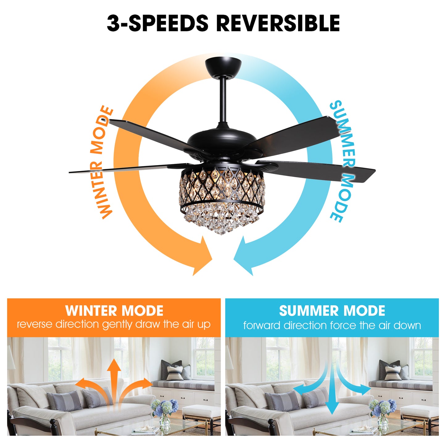 BreezeLite 52" Modern Downrod Mount Black Crystal Ceiling Fan