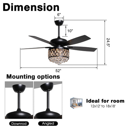 BreezeLite 52" Modern Downrod Mount Black Crystal Ceiling Fan