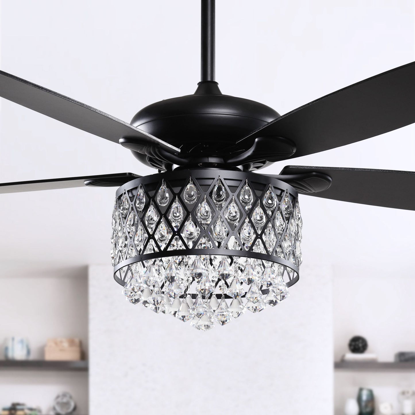 BreezeLite 52" Modern Downrod Mount Black Crystal Ceiling Fan