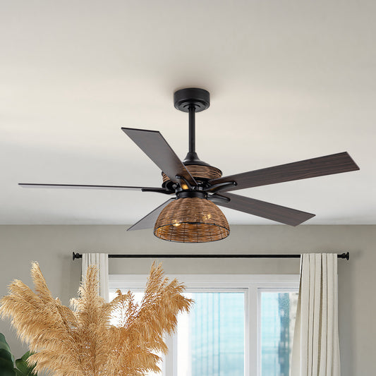 BreezeLite 52" Farmhouse Matte Black Rattan Ceiling Fan