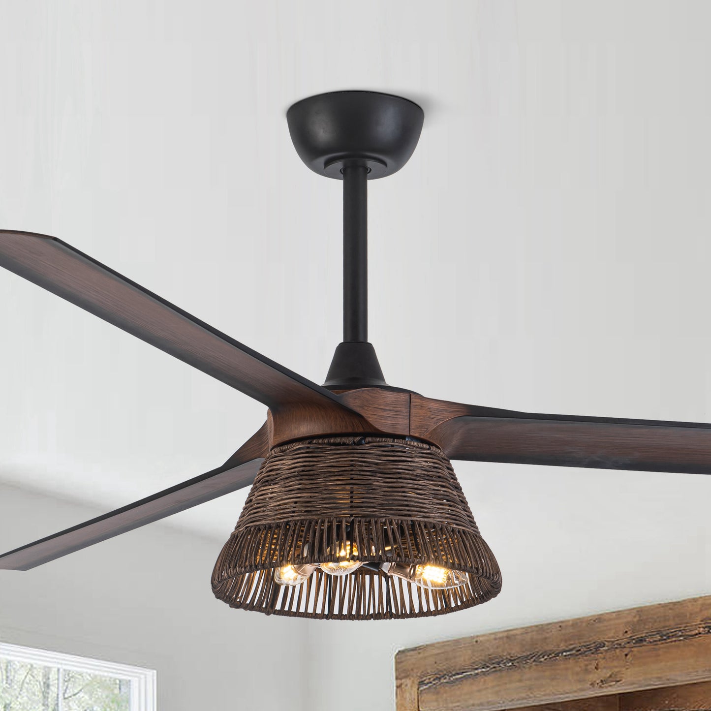 BreezeLite 60" Farmhouse Brown Rattan 3-Blade Ceiling Fan